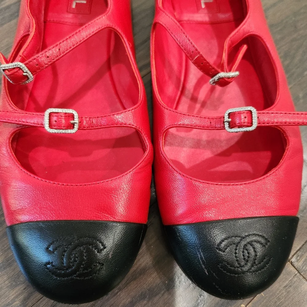 Chanel Sz40 Red & Black Ballet Flats - Picture 6 of 7